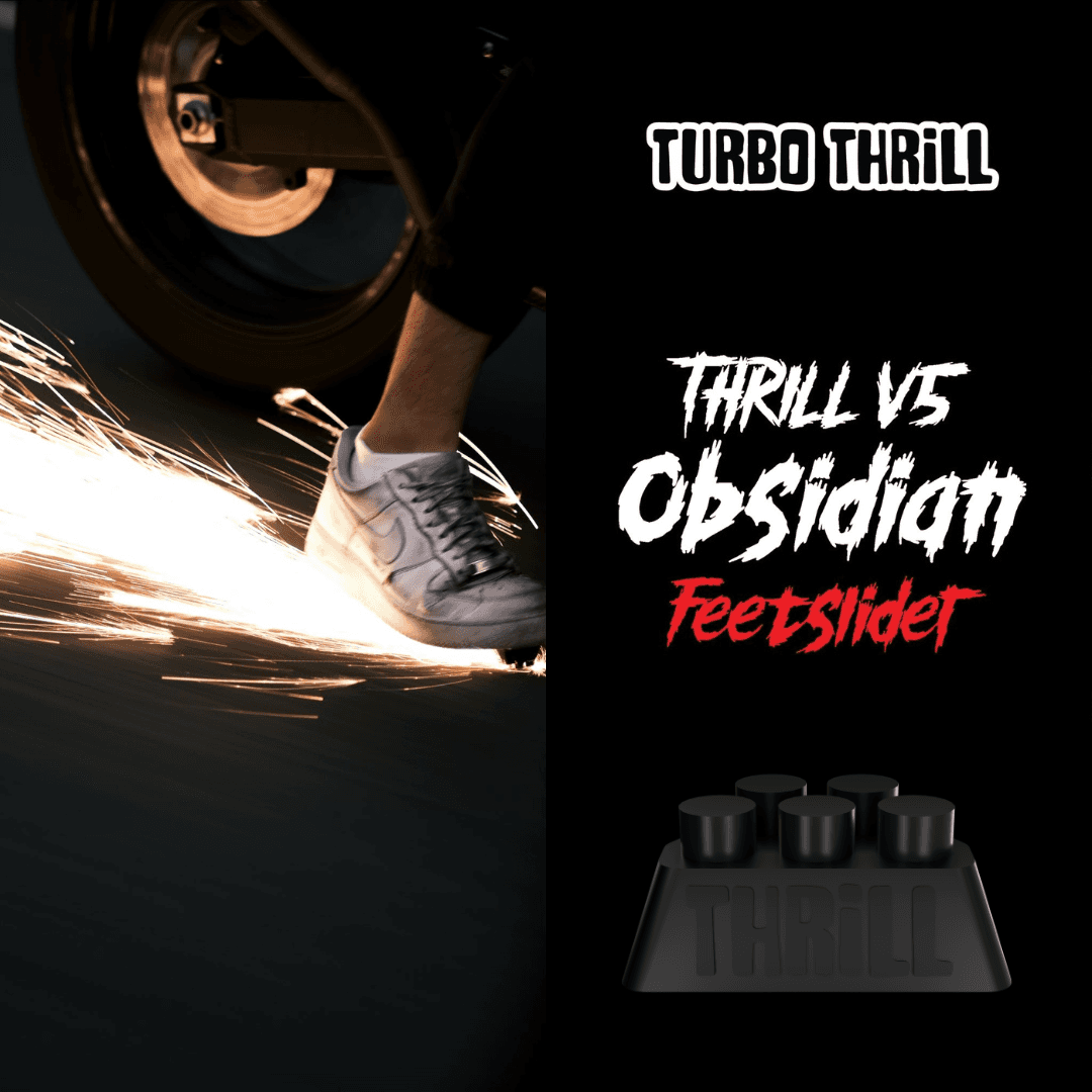 Turbo Thrill V5 Obsidian Feet Slider creating sparks during a ride. Durable spark-riding accessory trusted by over 400 bikers.