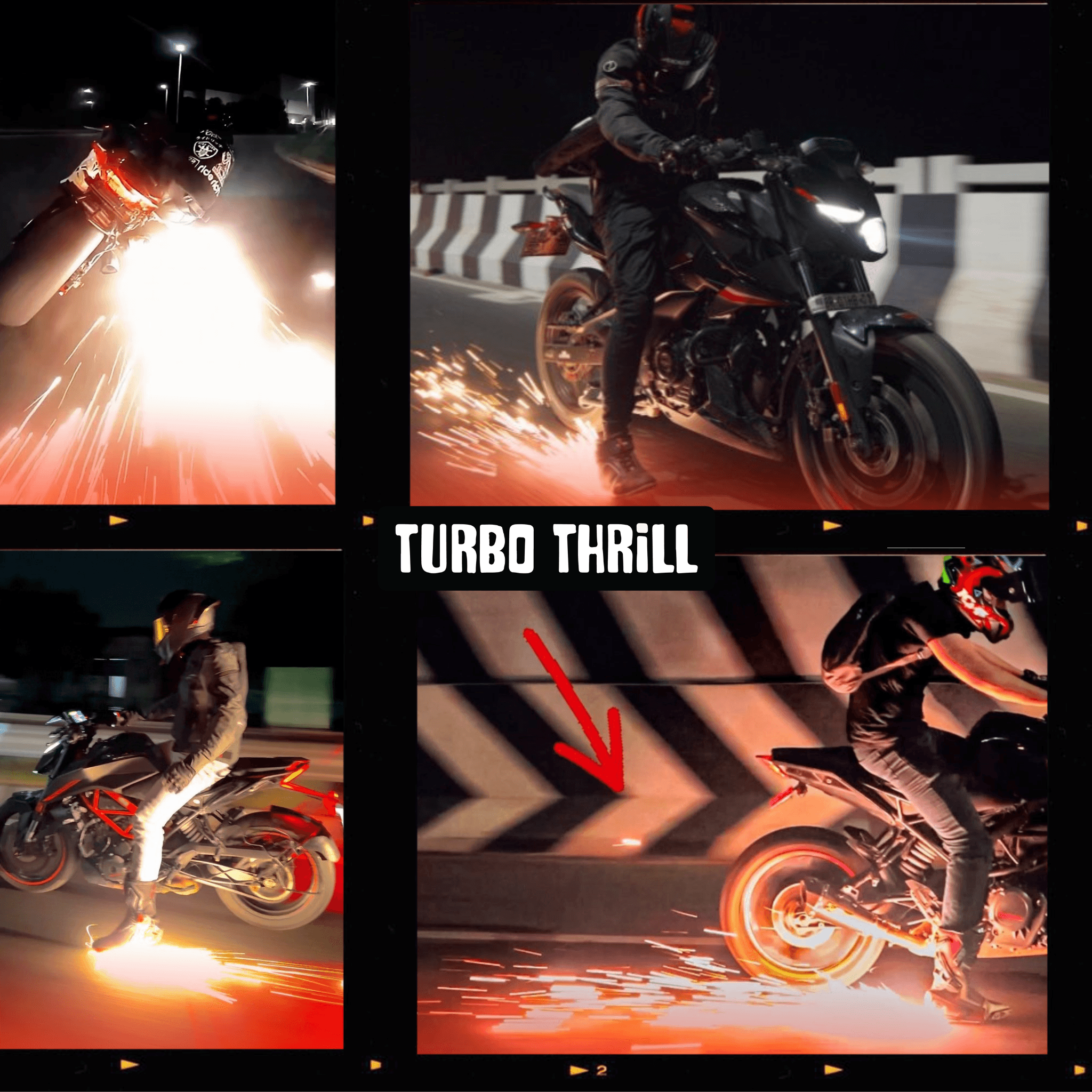 Turbo Thrill V5 Obsidian Feet Slider – Spark Riding Accessory in action, creating intense sparks during high-speed motorcycle stunts at night.